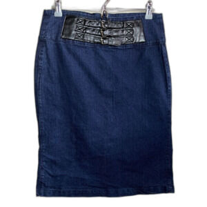 What’s Hot denim pencil skirt with vegan leather buckle waist detail - 10